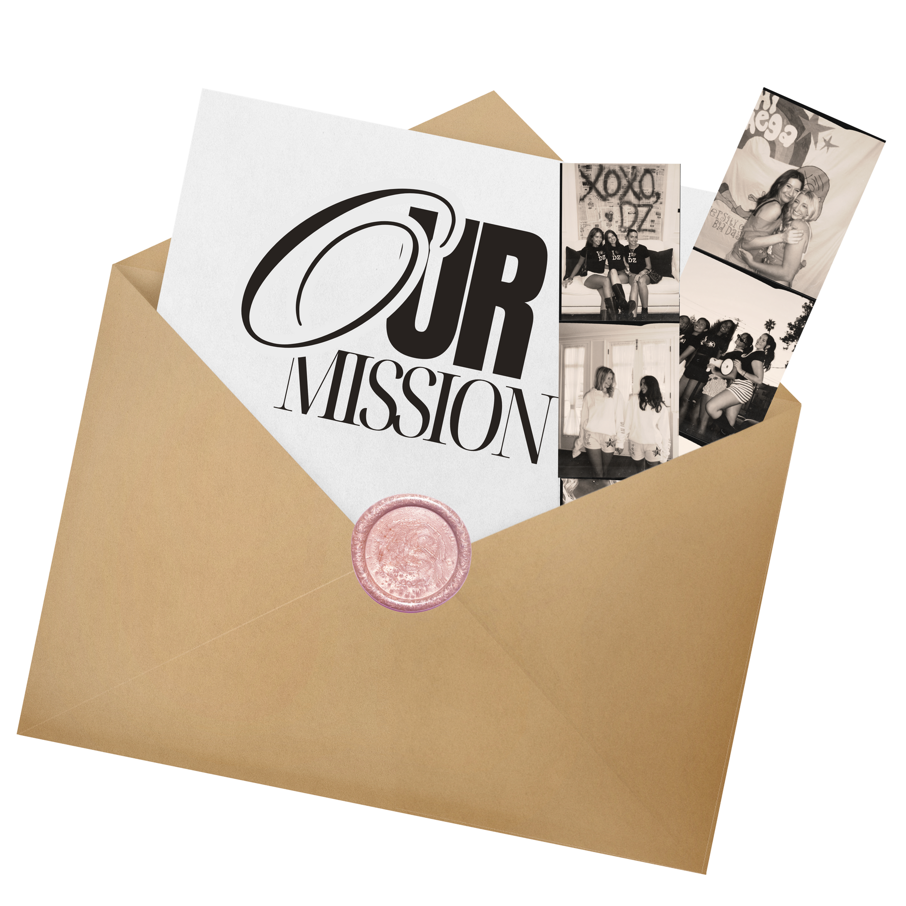An envelope holding the mission of campus tees with camera roll of campus tees clothing showcased by various sororities 